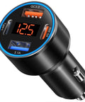 Quad Port Usb C Car Charger With Digital Voltage Gauge And Pd Fast Charge Tech For All Phones And Tablets Road Trip Ready Slick Black Finish, featuring 4 ports.