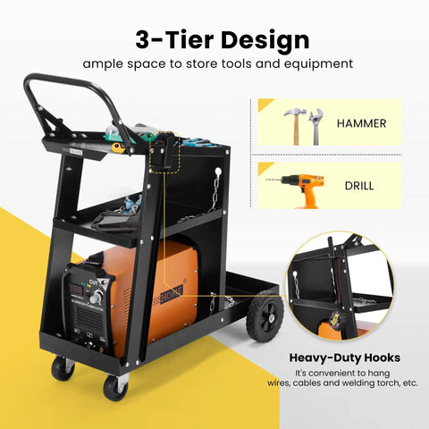 Sturdy Three Tier Rolling Welding Cart With Upgraded Wheels And Tank Storage For TIG MIG Welder And Plasma Cutter