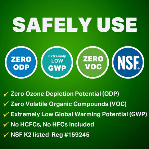 BW-100 non-flammable electronic contact cleaner aerosol spray on green background with NSF, ODP, VOC, and GWP badges.