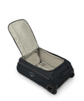 Open black collapsible wheeled carry on duffel bag showing spacious interior, ideal for travel and weekend getaways.