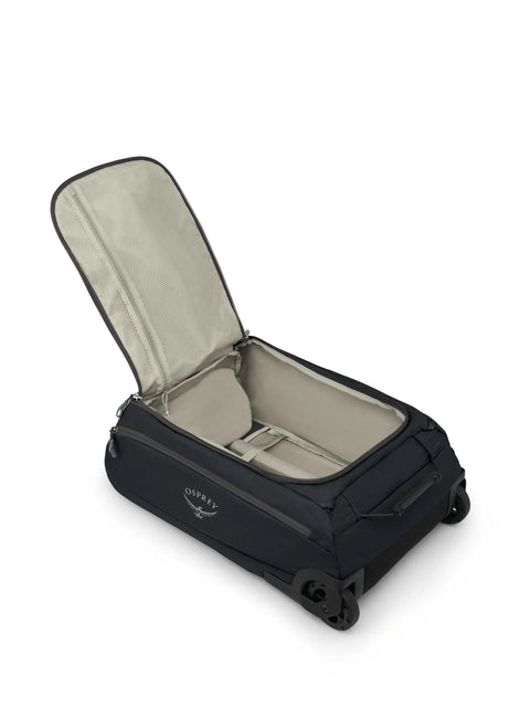 Open black collapsible wheeled carry on duffel bag showing spacious interior, ideal for travel and weekend getaways.