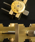 Pro Grade Extensible Brass Watch Movement Holders Set showing reversible and adjustable features for precise repair.