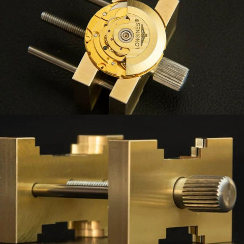 Pro Grade Extensible Brass Watch Movement Holders Set showing reversible and adjustable features for precise repair.