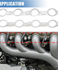 MLS Exhaust Header Manifold Gasket With Bolts For Cadillac CTS Escalade Chevy Camaro Silverado GMC Pontiac LS Engines 4.8L 5.3L 5.7L Replaces 12617944 12600530 shown on engine. Upper view showcasing manifold connection.