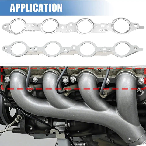MLS Exhaust Header Manifold Gasket With Bolts For Cadillac CTS Escalade Chevy Camaro Silverado GMC Pontiac LS Engines 4.8L 5.3L 5.7L Replaces 12617944 12600530 shown on engine. Upper view showcasing manifold connection.
