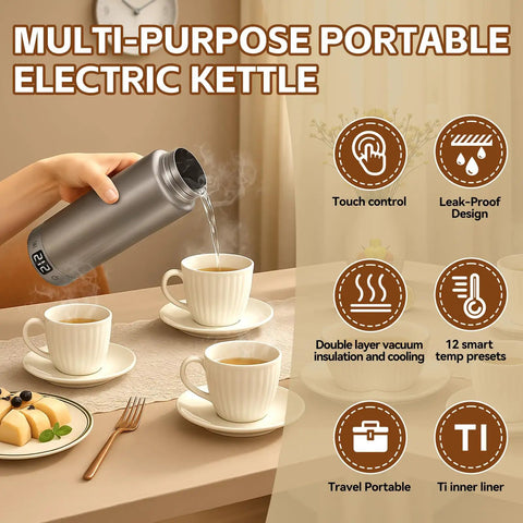 Pure Titanium Electric Kettle For Travel With Smart Dual Voltage 110V-240V, Portable Compact Water Boiler 380Ml pouring hot water into cups