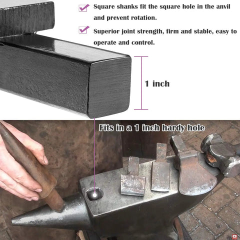 Pro Grade Five Piece Blacksmith Anvil Hardy Tool Set fits 1 inch hardy hole; shown on anvil with square shank for stability.