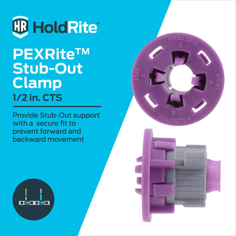 HoldRite PEXRite Stub-Out Clamp, 1/2 in CTS, purple circular clamp with gray connector on blue packaging front view
