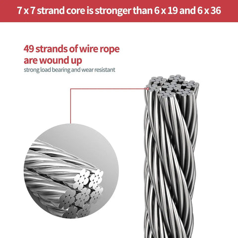 Close-up of Heavy Duty Stainless Steel Picture Hanging Wire, 50lb Capacity, 100 Feet, showing 49-strand rope detail