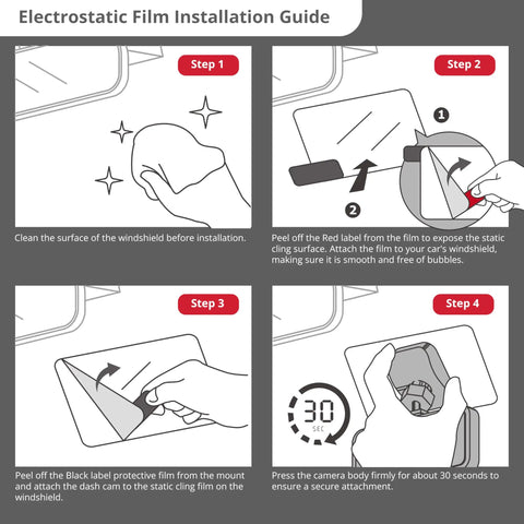 Step-by-step electrostatic film installation for High Bond Double Sided Adhesive Pads For Dash Cam Mounts on windshields.