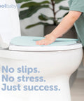 Child placing No Sweat Folding Travel Potty Training Seat For Little Ones With Super Simple Pull Tab And Compact Foldaway Design Seriously Rock Solid For Highway Rest Stops Museum Bathrooms And Weekend Getaways In Aqua on toilet.
