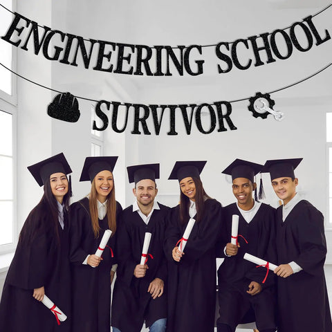Future Engineer Graduation Banner And Congrats Engineer Sign Set For Engineering School Parties above graduates showing diplomas.