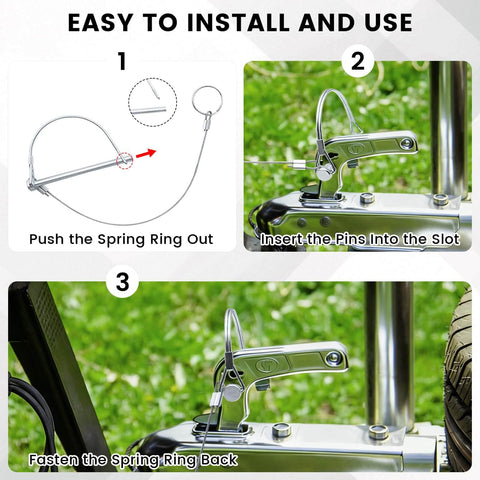 Installation steps for Two Pack Trailer Coupler Pins With Quick Release Ring on farm trailers, demonstrating easy use and locking pin design.