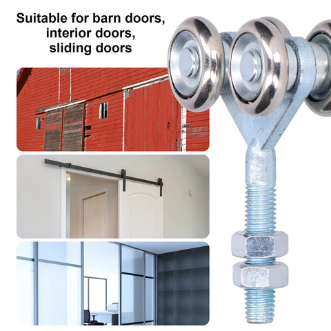 Heavy Duty Double Roller Wheels For Sliding Barn Doors Smooth Gliding Trolley Hardware Built Tough Iron Construction No Sweat Setup Top Tier Quality Pack Of Two with dual roller system.