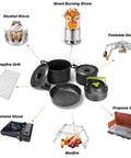 Go To Ultimate 29 Piece Camping Cookware Mess Kit with nonstick pots, pans, kettle, and various stoves for outdoor use