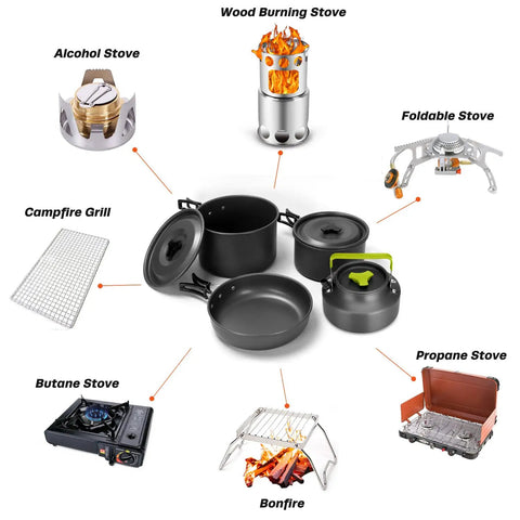 Go To Ultimate 29 Piece Camping Cookware Mess Kit with nonstick pots, pans, kettle, and various stoves for outdoor use