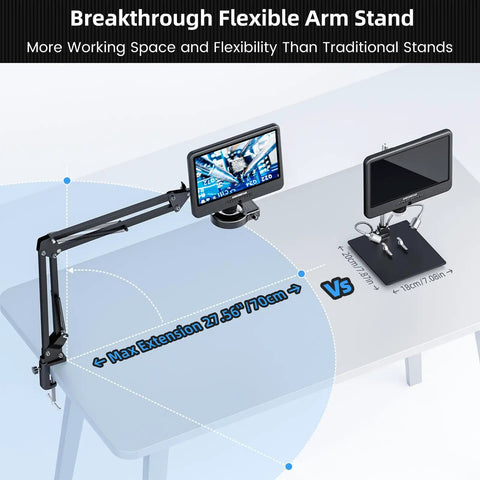 Boss Level Digital Microscope With 10.1 Inch Screen For Soldering Electronics Repair Coin Grading And DIY Micro Work 1080p Video 12MP Photos Wide View Fast Response flexible arm stand on desk