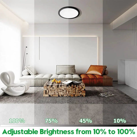Two Pack 12 Inch Black Flush Mount LED Ceiling Light, 24W Round Dimmable Ceiling Lamp, showing adjustable brightness settings