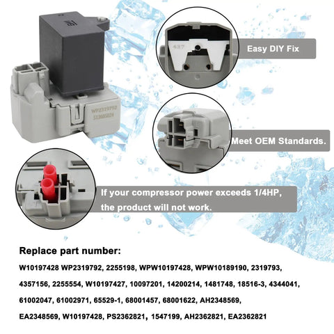 Fridge Start Relay And Capacitor Kit W10662129 for Whirlpool Kenmore Electrolux Maytag showing part numbers and features