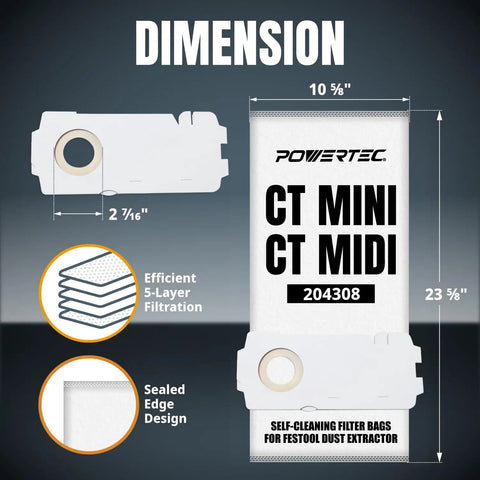 Heavy Duty Replacement Vacuum Bags For Festool Ct Mini Midi And Ct15 Dust Extractors Feature Dead Nuts Self Cleaning Filtration and Killer Dust Control, dimensions and features shown.