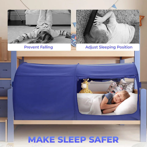 Child sleeping inside a Full Size Bed Canopy Tent For Privacy And Comfort, Dream Space Pop Up Indoor Tent With Portable Frame And Breathable Curtains on a wooden bed.