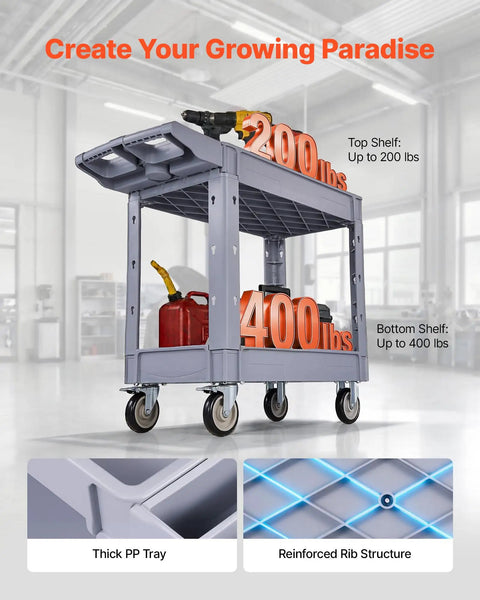 Beefy Heavy Duty Utility Cart With Two Tier Shelves 550 Lbs Capacity Heavy Plastic Rolling Cart With 360 Degree Swivel Wheels And Two Brakes Tool Storage Tray For Garage Workshop And Warehouse, gray PP, 2-tier