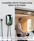 Man charging electric vehicle using NEMA 14-30 outlet in garage.