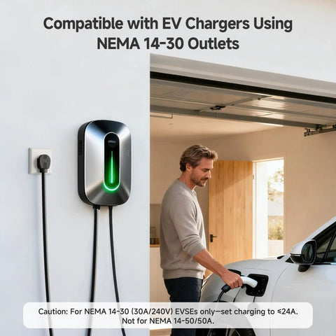Man charging electric vehicle using NEMA 14-30 outlet in garage.