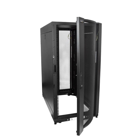Solid As A Rock 25U Server Rack Cabinet With Spacious 37 Inch Depth showing open black steel mesh doors for easy access.