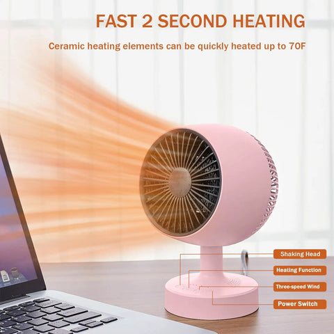 Pink compact desk heater that cranks 1200W with PTC ceramic heating shown on a desk, demonstrating fast heat in two seconds.