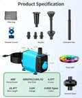 Cool RGB Pond Fountain With LED Lights 660GPH Submersible Pump product specifications with components and accessories.