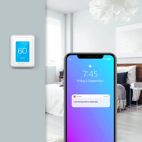 WiFi Smart Thermostat With Touchscreen Display, Room Sensor Ready, showing app notification of low temperature in bedroom.