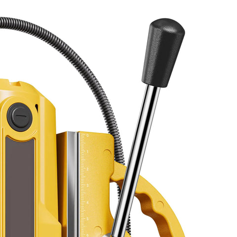 Close-up of Heavy Duty Magnetic Drill Press With 1400W Copper Motor featuring controls and ruler for precise drilling.