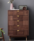 Wooden dresser with Solid Brass Edge Pulls For Cabinets And Dressers In Brushed Gold Finish Four Pack Knob And Pull Set installed.