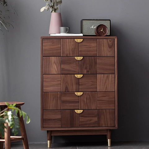 Wooden dresser with Solid Brass Edge Pulls For Cabinets And Dressers In Brushed Gold Finish Four Pack Knob And Pull Set installed.
