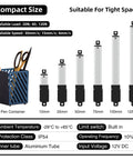 Different sizes of Compact 50mm 120N Mini Electric Linear Actuator 12V with 2 inch stroke and specifications for cabinets and robotics