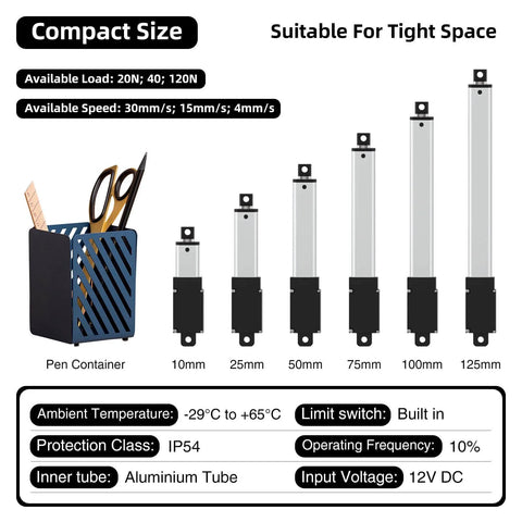 Different sizes of Compact 50mm 120N Mini Electric Linear Actuator 12V with 2 inch stroke and specifications for cabinets and robotics