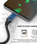 USB-C to USB-A braided charging cable, gray, 6 ft, plugged into a smartphone.