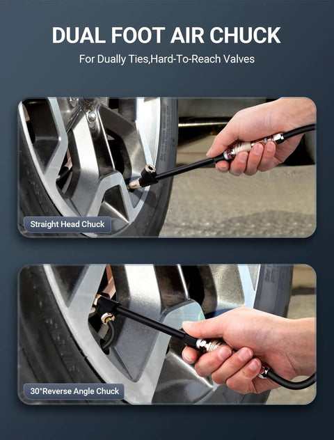 Extended Reach Dual Head Air Chuck Set 1 Quarter Inch FNPT With Quick Plug, used inflating car tire with two-way connection