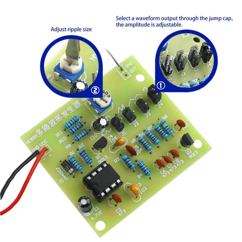 Beginner Friendly Soldering Practice Kit with Multiplex Waveform Generator Plug In Circuit Board showing adjustable ripple size