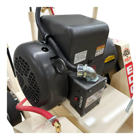 Close-up of five horsepower motor on Rugged No Fuss 18 Inch Electric Walk Behind Saw for clean cutting operations.