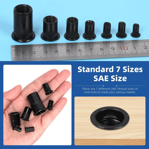 320 Piece Rivet Nuts Kit Flat Head Rivnut Inserts Black Zinc Plated Carbon Steel Assortment shown with ruler and hand for scale