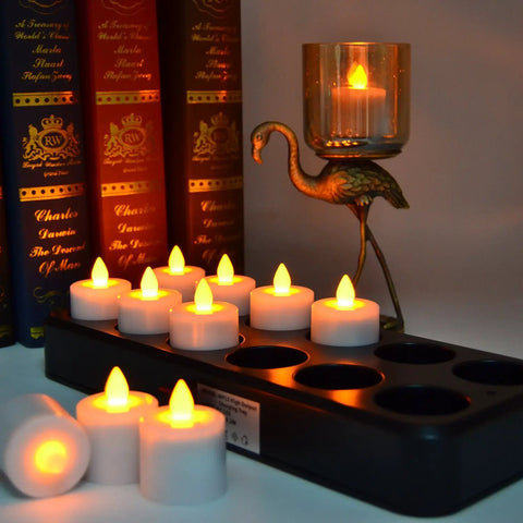 Rechargeable LED Tealight Candles With Timer Remote Flameless Amber Yellow Set Of 12 Inductive Wireless Charging Base