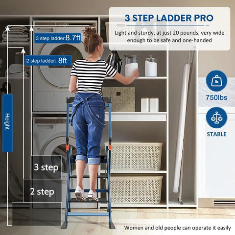 Heavy Duty 3 Step Anti Slip Aluminum Folding Stool For Home Use Supports Up To 375 Lbs Lightweight 20 Lbs ANSI EN131 Approved Workhorse For Kitchen Garage Laundry Attics And DIY Projects, woman using 3-step aluminum stool in laundry room