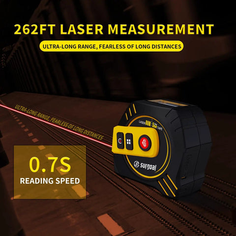 2-In-1 Laser Tape Measure With 262ft Range, Digital LCD Display, showing 0.7s reading speed, on dark background
