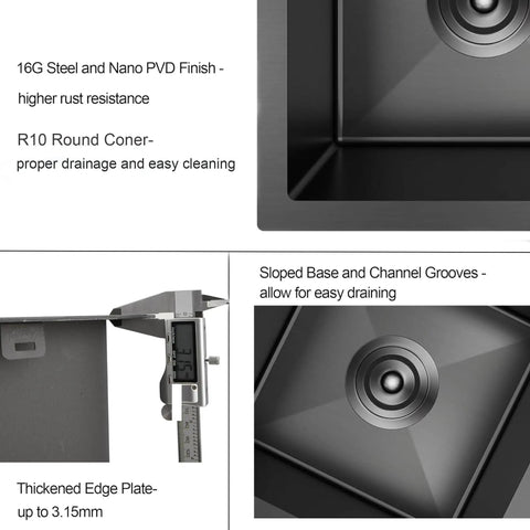 Close-up of Single Bowl Undermount Bar Sink In Brushed Nickel 15 Inch By 15 Inch 18 Gauge 304 Stainless Steel with drainage features.