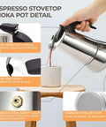 Two Cup 100ml Stainless Steel Moka Pot Espresso Coffee Maker with Italian Classic Greca Style pouring into cup on table