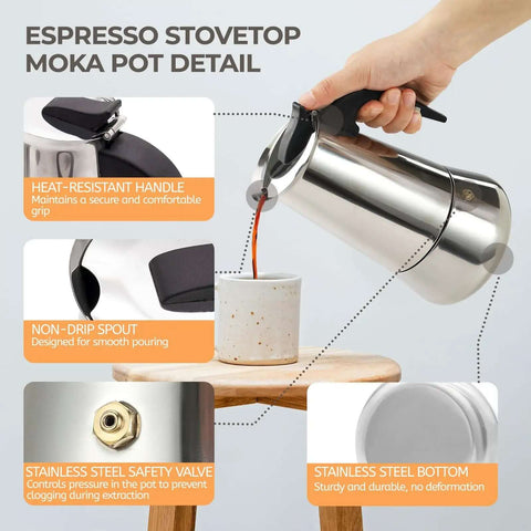 Two Cup 100ml Stainless Steel Moka Pot Espresso Coffee Maker with Italian Classic Greca Style pouring into cup on table