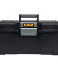 Front view of One Touch 24 Inch Tool Box with Water Seal, Soft Grip Handle, and V Groove Lid for Pipes and Lumber