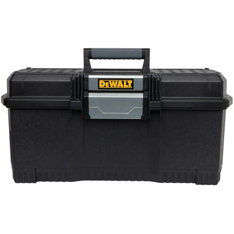 Front view of One Touch 24 Inch Tool Box with Water Seal, Soft Grip Handle, and V Groove Lid for Pipes and Lumber